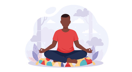 A serene Black man meditating in a lotus pose on a colorful cushion, representing mindfulness, peace, and mental wellness for health and lifestyle concepts.