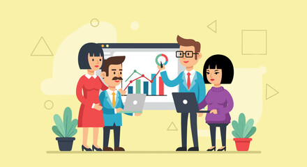 Diverse business team analyzes data and charts in a modern office, collaborating on a project to achieve financial growth and strategic success.