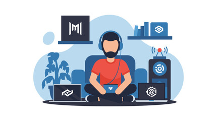 Young man with headphones uses multiple devices, highlighting remote work, online learning, or digital content creation in a connected home environment.