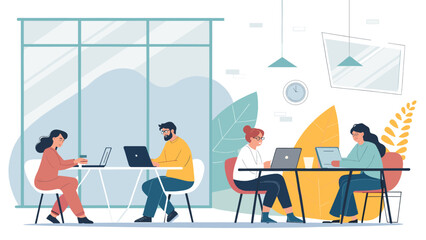 Diverse professionals actively working on laptops in a bright, modern office or coworking space, symbolizing productivity and collaboration.