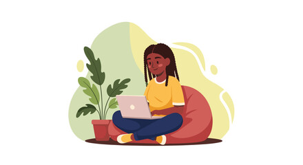 Smiling young Black woman comfortably uses a laptop on a beanbag chair. Ideal for concepts of remote work, online learning, home productivity, or digital lifestyle.