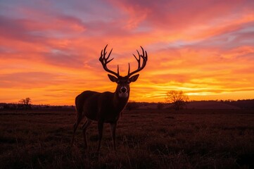 Deer Buck Silhouette Against a Sunset Over Agricultural Land