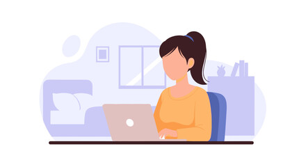 A young woman works diligently on her laptop from a comfortable home office, representing remote work, online learning, and a balanced modern lifestyle.