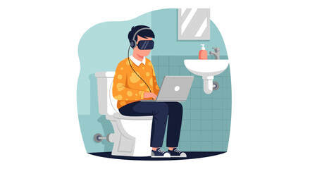 Man immersed in virtual reality with VR headset and laptop, working or gaming while sitting on a toilet in a bathroom. Illustrates remote work, multitasking, and digital lifestyle.