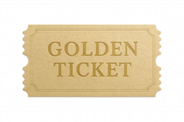 Golden ticket isolated on transparent background, offering exclusive access and premium opportunity