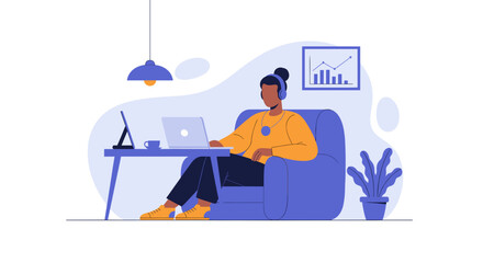 Person working remotely from home with laptop and headphones, in a comfortable setting. Ideal for themes of online business, education, and modern lifestyle.