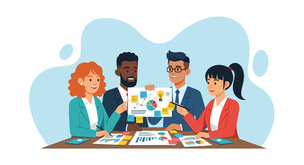Diverse business team collaborating on data analysis, presenting charts and graphs in a productive meeting. Illustrates teamwork, strategy, and financial planning.