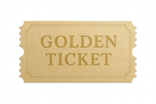 Golden ticket isolated on transparent background, offering exclusive access and premium opportunity
