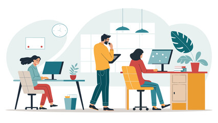 Modern office scene with diverse professionals collaborating and working on computers. Illustrates productivity, teamwork, and business communication in a contemporary workplace environment.