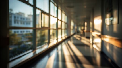 A serene corridor with warm sunlight casting shadows through large windows, creating a calm atmosphere.