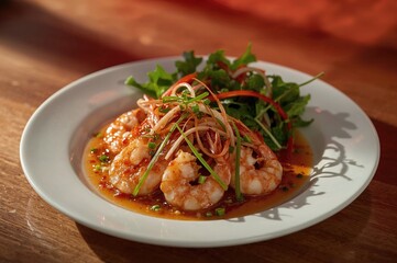 Seafood dish prepared with a unique method, featuring shrimp in a healthy salad meal