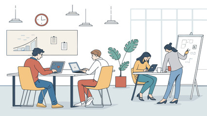 Modern office workspace illustration with diverse professionals collaborating, brainstorming, and working on laptops, depicting teamwork and digital productivity.