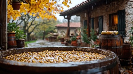 Fototapeta premium Fruits in Wooden Vat Outdoors on Rainy Day