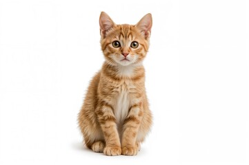 Obraz premium Cute short-haired kitten sitting upright and looking directly at the camera against a white backdrop
