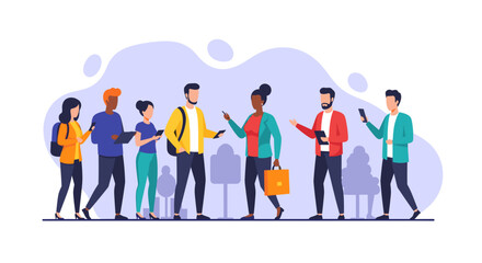 Diverse group of people using mobile technology, smartphones, and tablets. Represents global communication, social networking, and digital connectivity in a modern urban lifestyle.