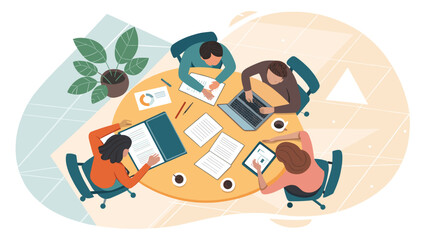 Four diverse professionals collaborate around a table, engaged in a productive business meeting with laptops, tablets, and documents. Ideal for teamwork and corporate concepts.