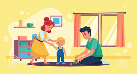 Happy family playing together at home. Parents bond with their cheerful child, creating loving memories. Ideal for parenting, lifestyle, or family-focused designs.