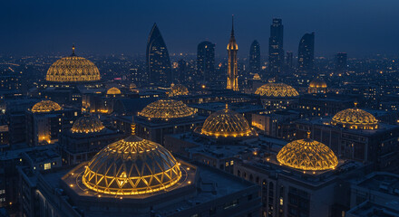 Stunning illuminated domes and modern skyscrapers create a magical cityscape at dusk
