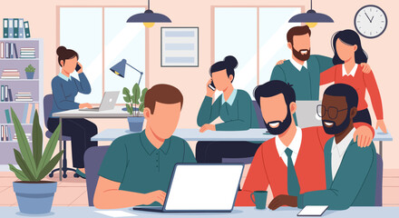 Diverse professionals collaborating in a modern open-plan office. Depicts teamwork, communication, and a productive corporate environment for business use.