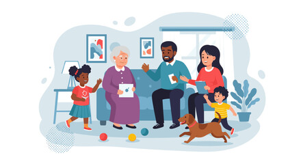 Happy multi-generational family and their dog enjoying quality time together in a bright, modern living room. Depicts home life, care, and family bonds.