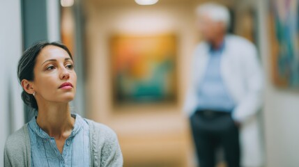 Fototapeta premium A thoughtful woman appears pensive in a hallway, contrasting with a blurred figure of a doctor in the background.