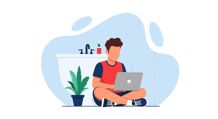 A person works remotely on a laptop in a calm, modern bathroom, embodying flexible work-from-home lifestyle and productivity.