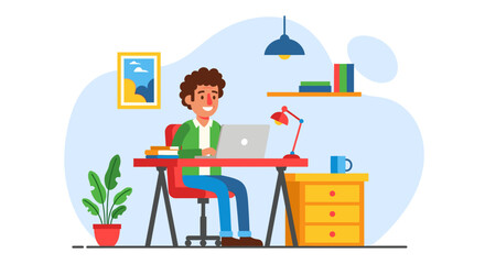 A cheerful man works productively on his laptop at a modern home office desk, representing remote work and business.