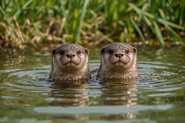 Pair of Small-Clawed Otters Surfacing from Water