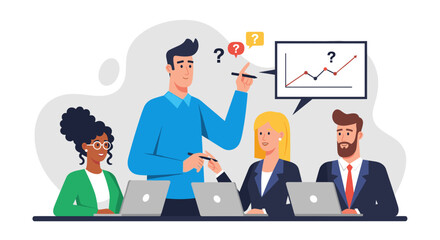 Diverse business team collaborates in a meeting, analyzing a challenging data graph. They discuss solutions, brainstorm ideas, and address uncertainties in problem-solving.
