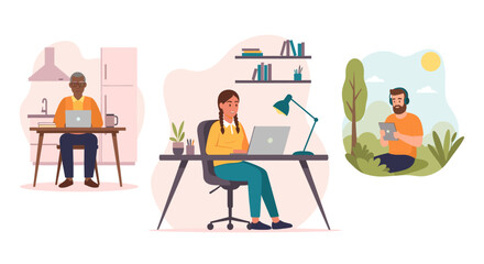 Diverse individuals work and learn remotely from home and outdoors, embracing flexible digital lifestyles. This illustration highlights productivity and connectivity in various modern environments.