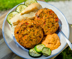 Top Down View of Kimchi Vegetarian Burgers with Butternut Squash, Red Pepper Dip, Onion, Garlic and Zucchini
