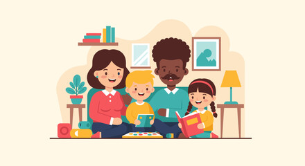 Joyful diverse family bonding at home. Parents and children happily read and play games together, illustrating warm family connection and learning.