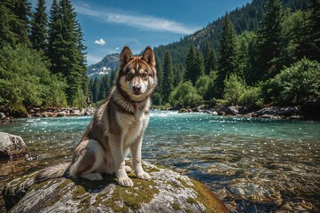 Siberian husky by a mountain stream.