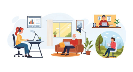 Individuals of different ages working remotely from home and outdoors, illustrating flexible careers, online learning, and digital lifestyle.