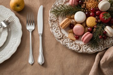 Basic festive tableware set with spoon, fork, jam spreader, fruit, and gourmet macaron tray