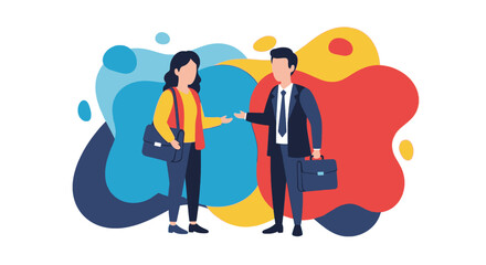 Two professionals, a man and a woman, engage in a business discussion, symbolizing partnership, collaboration, and career development. Ideal for corporate and employment themes.