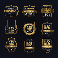 Elegant set of golden and black Black Friday sale badges with discount offers and flash sale designs