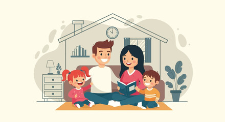 Smiling family reading a storybook together at home, showcasing warmth, learning, and togetherness. Perfect for parenting, lifestyle, or education concepts.