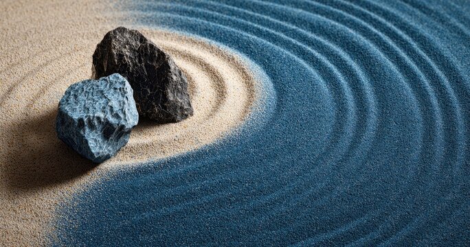 Zen garden with stones on sand, concentric circles