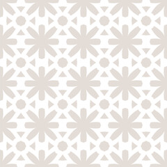 Simple vector seamless pattern in ethnic folk style. Elegant floral geometric ornament. Vintage background texture with grid, lattice, flower silhouettes. Subtle beige and white repeated geo design
