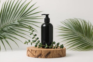 Obraz premium Dark lotion container alongside fresh eucalyptus stems on a wooden platform with a palm leaf, set against a white backdrop. Wellness and elegance theme.