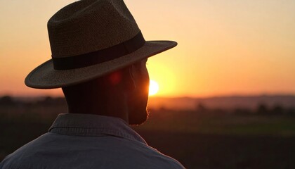 Contemplative farmer wearing hat, gazing at the sunset over his land with golden light