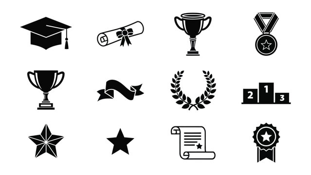 Academic Achievement Icons: A collection of classic academic accomplishment, including the quintessential mortarboard, scroll, golden trophy, and honorable laurel.
