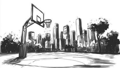 Urban Basketball Illustration: Black And White Cityscape Sketch With A Street Sports Theme, Featuring Graphic Elements In The Design.