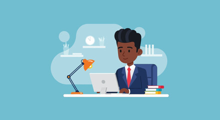 Smiling Black businessman working at a desk with a computer and lamp. Represents productivity, professional work, and modern office life. Ideal for business, education, and technology concepts.