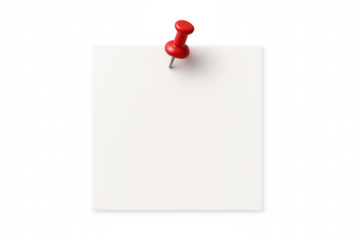 White blank note pinned by red pushpin against transparent backdrop, highlighting clean design for messaging, notifications, or critical details