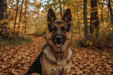Purebred German Shepherd standing in a vibrant autumn woodland surrounded by colorful foliage, perfect as a dog-themed wallpaper or design background