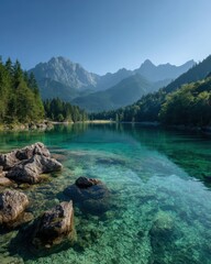 Obraz premium Serene Lake Eibsee view with turquoise water and mountain backdrop in Bavaria Germany scenic landscape