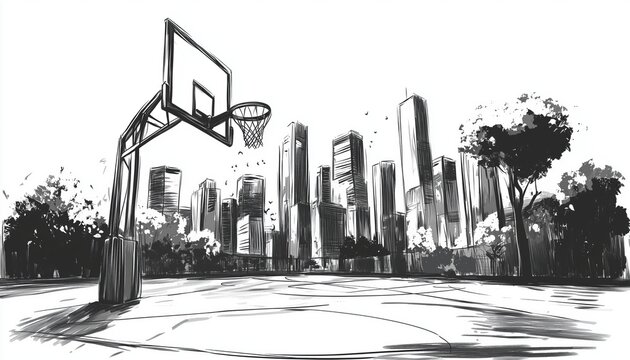 Urban Basketball Illustration: Black And White Cityscape Sketch With A Street Sports Theme, Featuring Graphic Elements In The Design.