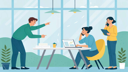 Busy office scene with diverse colleagues collaborating, multitasking, and communicating effectively in a modern workspace. Ideal for business, corporate, or teamwork concepts.